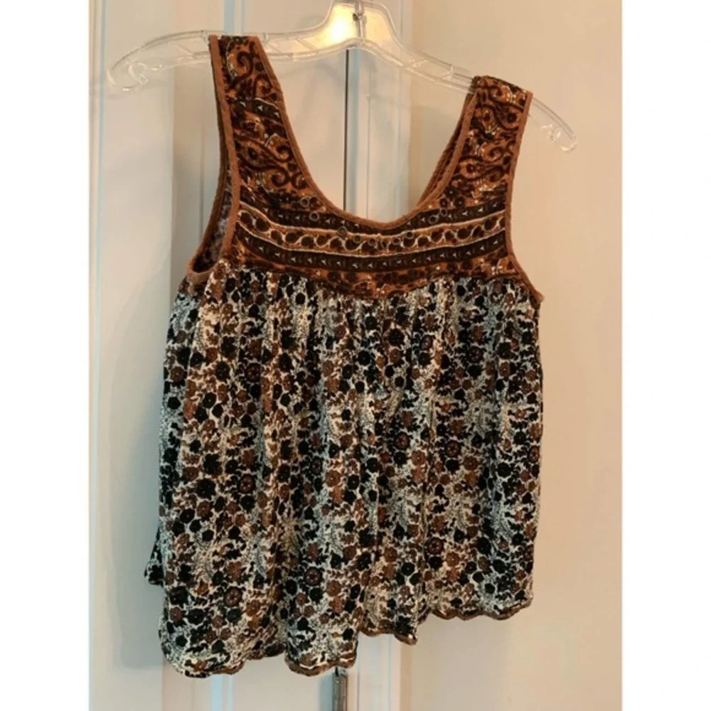 New! Free People Lucky Coin Linen Blend Tank brown floral XS Urban Outfitters‎